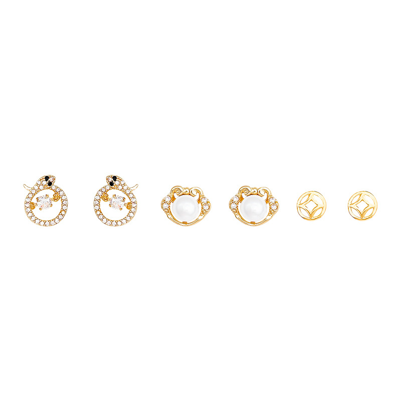 Pearl zircon snake-shaped stud earrings set, women's light luxury, high-end exquisite earrings, niche, versatile, fashionable and elegant earrings Item Picture