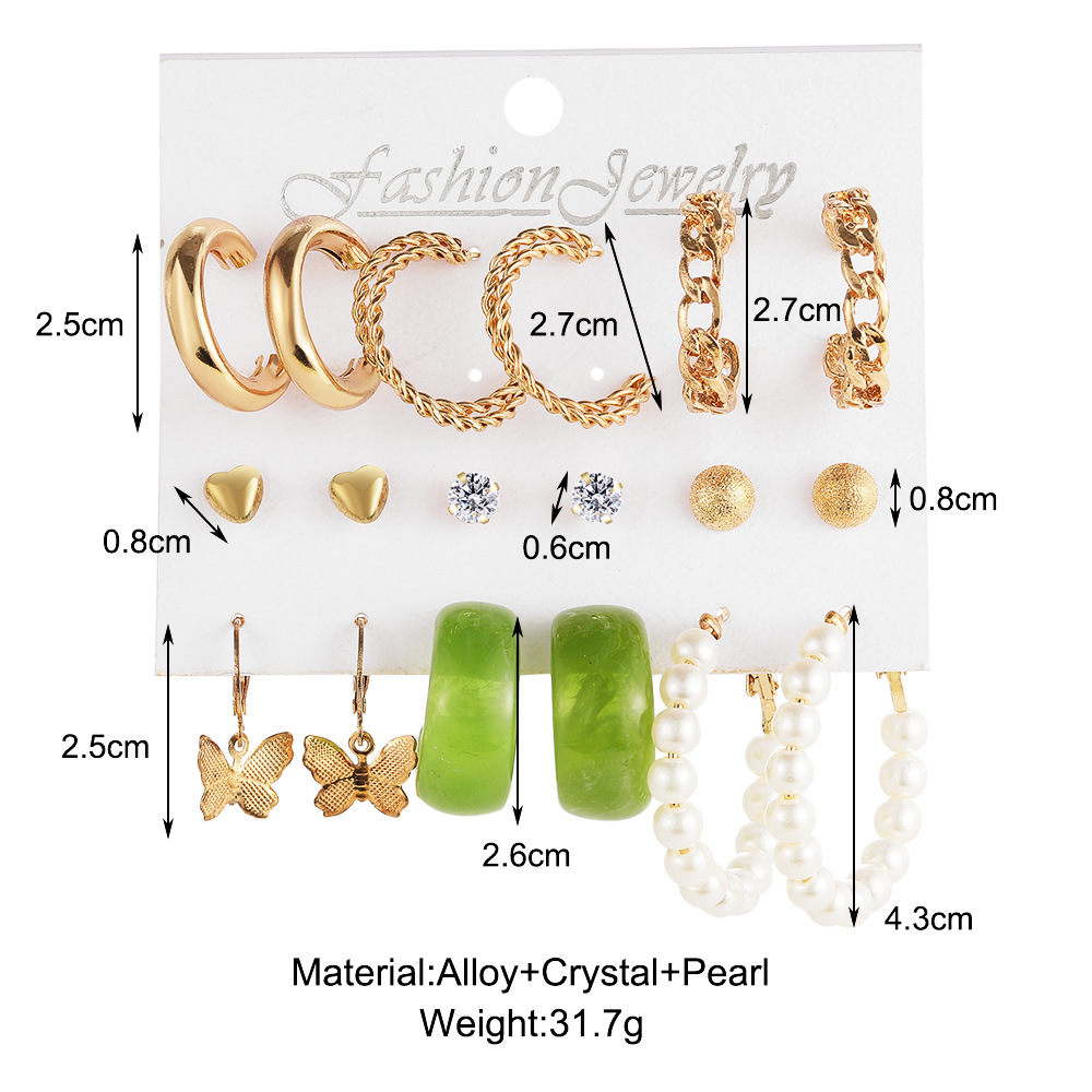 Creative and personalized butterfly stud earring set of 9 pairs, metal C-shaped ear rings, new European and American acrylic earrings wholesale Specification drawing