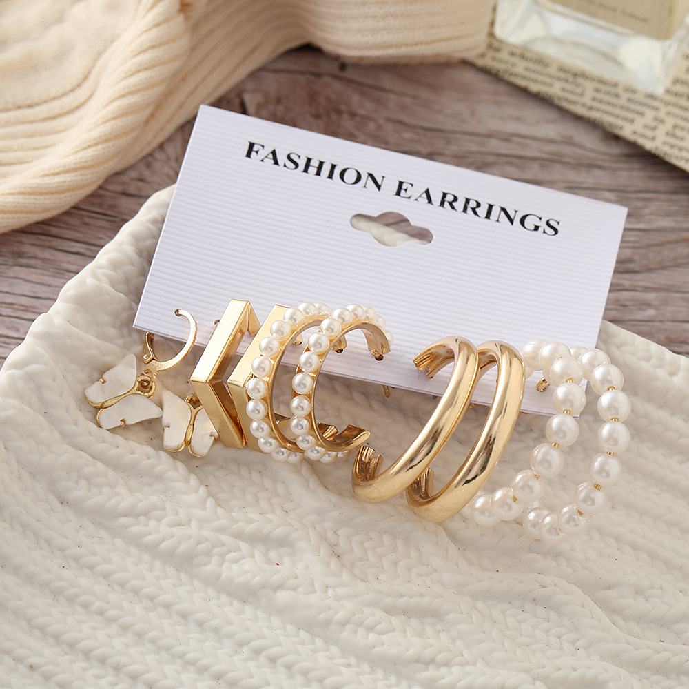 Wholesale of new cross-border inlaid pearl-like women's earrings, creative, simple and retro style ear ring set of 5 pieces details Picture