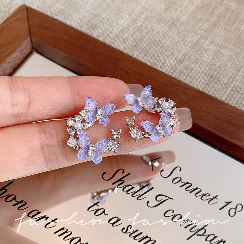 Gentle and sweet butterfly flower earrings, women's micro-inlaid zircon, light luxury, niche design sense, high-end summer earrings and earrings details Picture