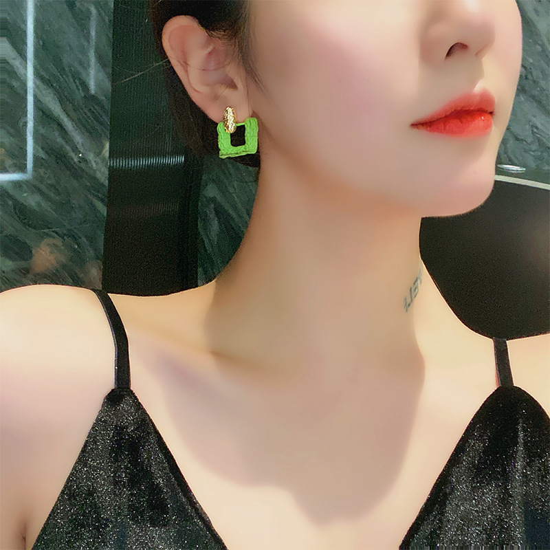 Summer forest-themed green fresh square earrings, 2021 new trendy French style design stud earrings for women details Picture