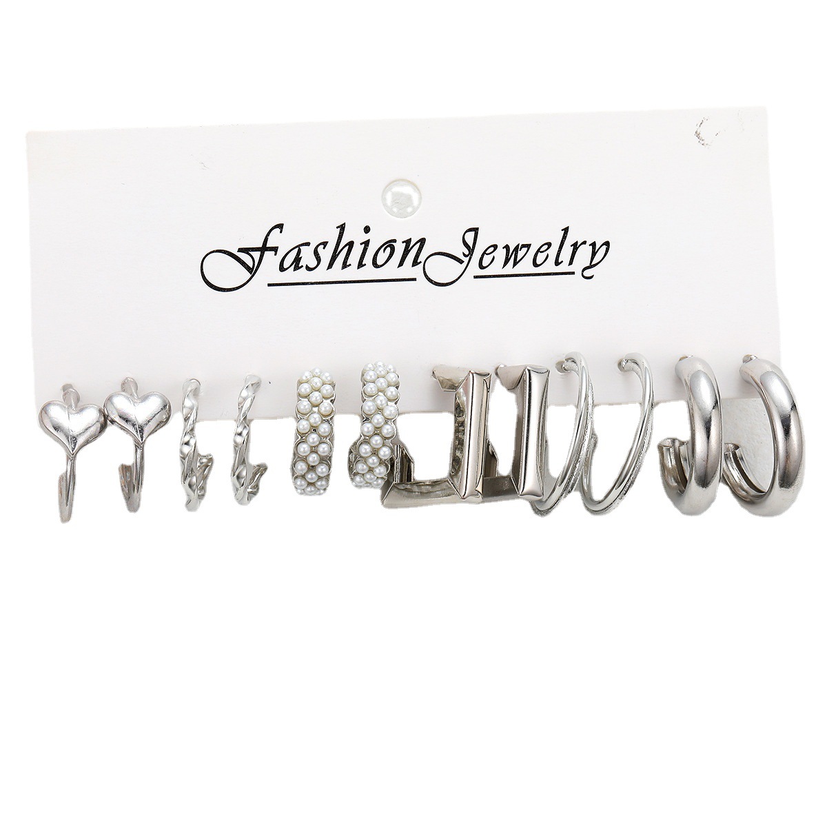 A new cross-border InS-style C-shaped creative and simple heart-shaped imitation pearl geometric earrings 6-piece set, retro pearl earrings Item Picture