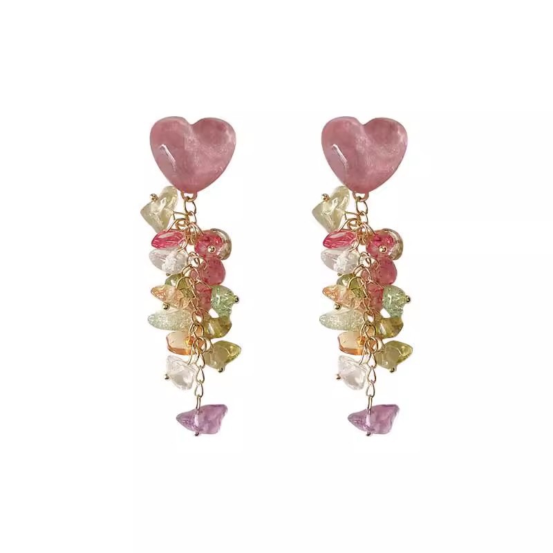 Summer colorful heart-shaped diamond tassel earrings, a niche design sense, women's 2025 new style bestseller seaside earrings Item Picture
