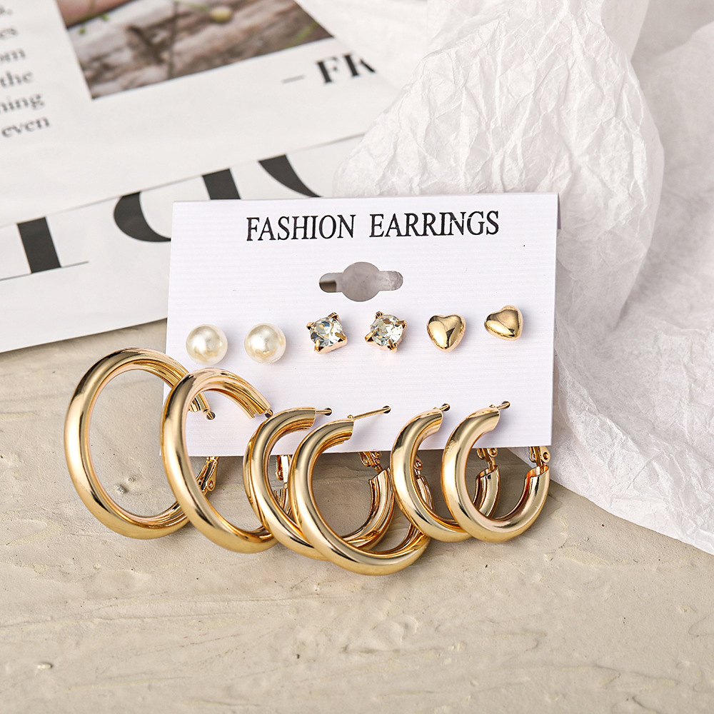 Wholesale of popular cross-border punk gold earrings from Europe and America, creative metal element C-shaped ear ring set of 6 pieces Specification drawing