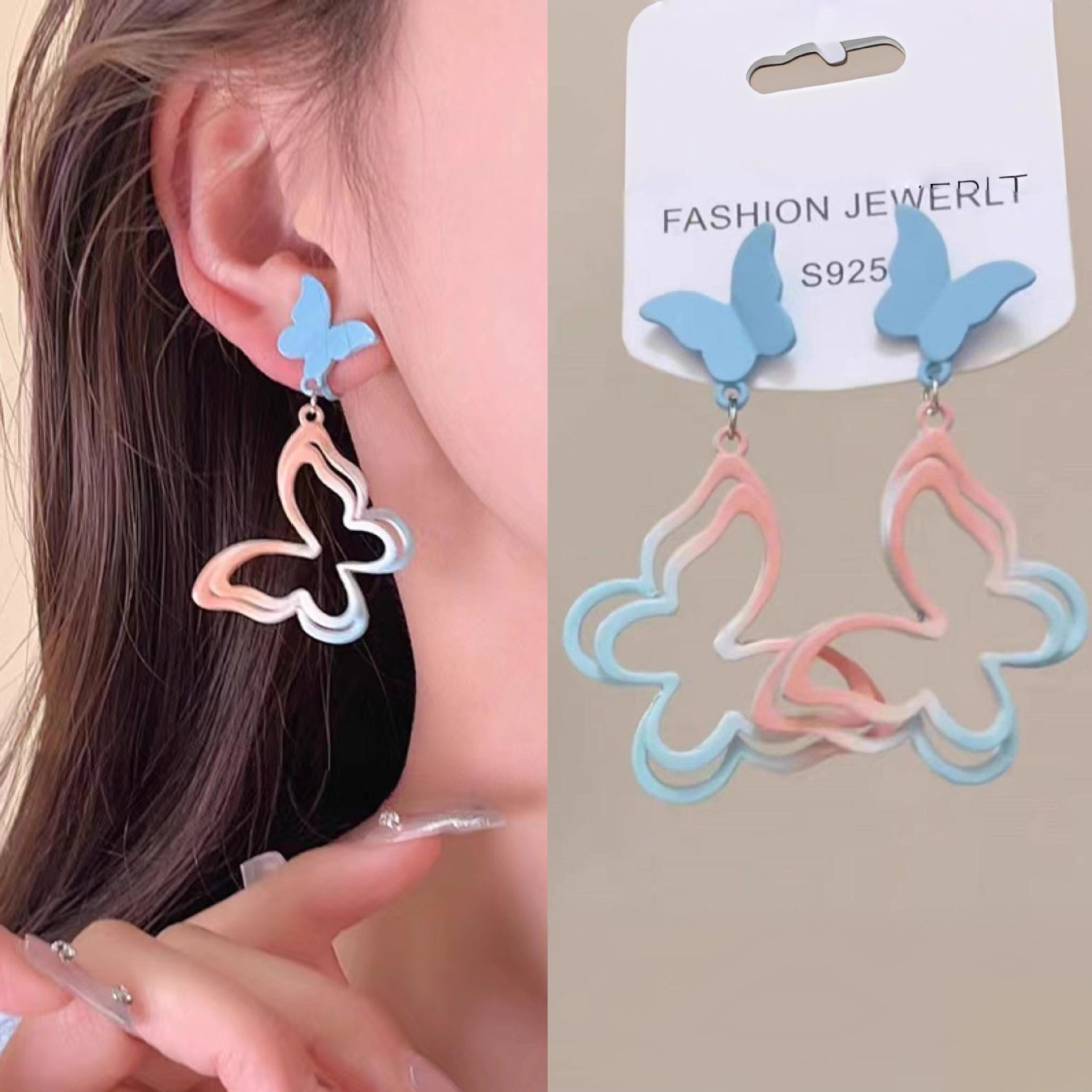 Fun hollowed-out butterfly stud earrings, sweet dopamine for women, spring and summer fashionable and elegant niche earrings, new light luxury earrings full figure