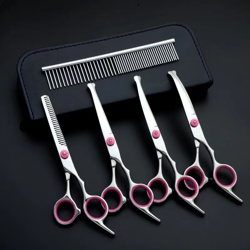 Pet scissors set, dog scissors, hair scissors, flat scissors, curved scissors, teeth scissors, upper and lower curved scissors, fish mouth scissors, blue caps, pink caps wholesale Item Picture