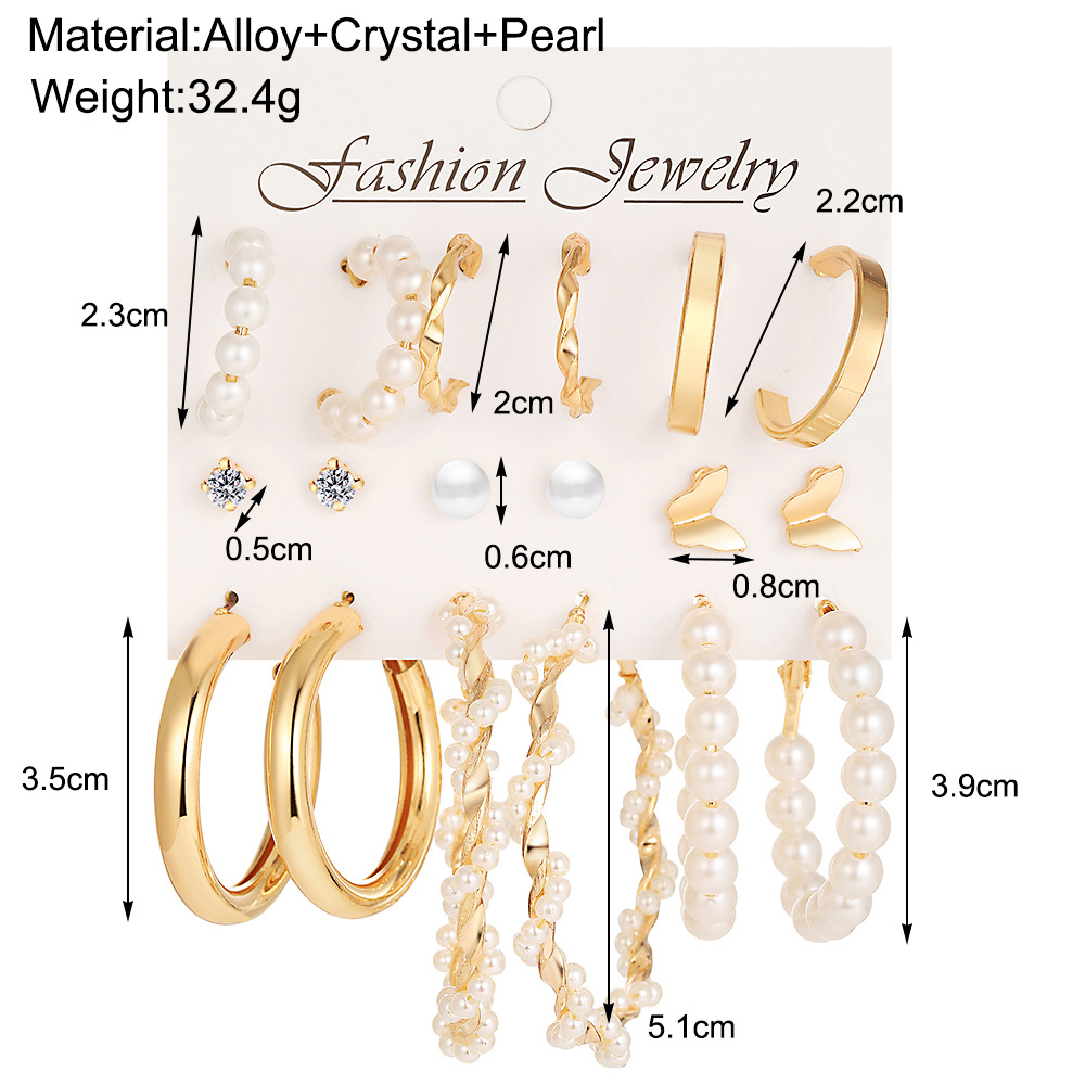 New creative butterfly stud 9-piece set, simple C-shaped earrings, women's wrapped pearl imitation earrings, high-end feel wholesale details Picture