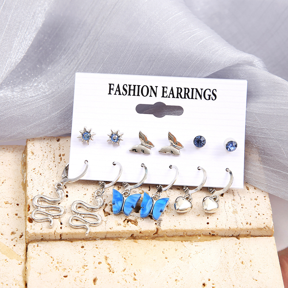 Cross-border new style exaggerated and personalized snake heart earrings, women's fashion acrylic butterfly pendant earrings 6-piece set Specification drawing