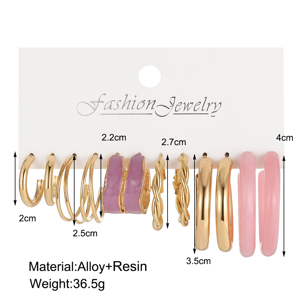 A new cross-border style of simple and fashionable pink acrylic earrings six-piece set, fresh and sweet, elegant ladies' chain earrings details Picture
