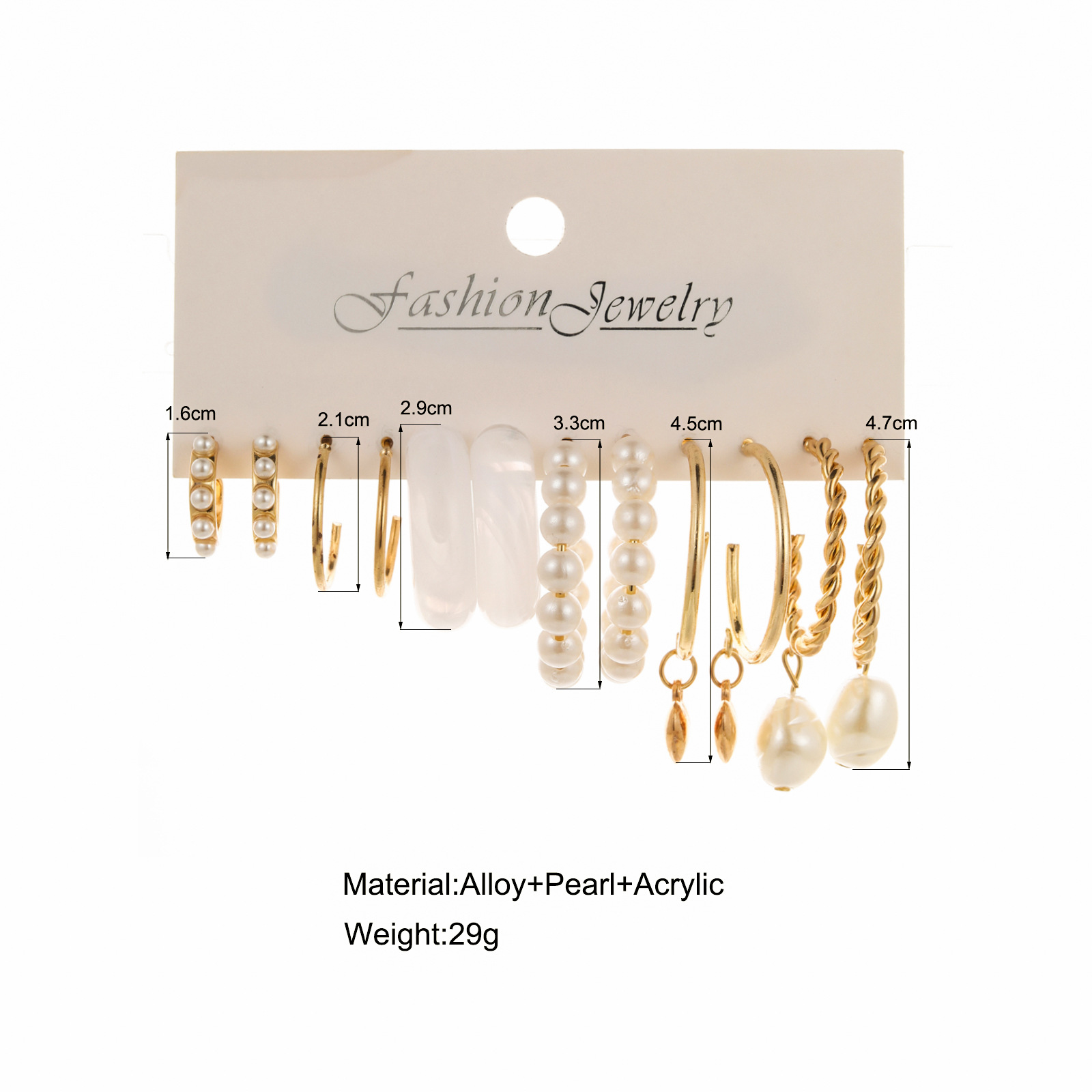 European and American cross-border retro pearl earring personalized C-shaped resin earring set 6-piece Earring set details Picture