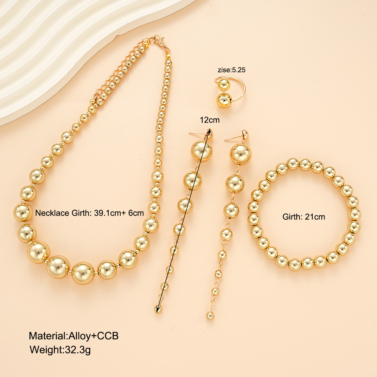 A 4-piece set of European and American fashionable, individualistic and exaggerated golden geometric round bead necklace details Picture