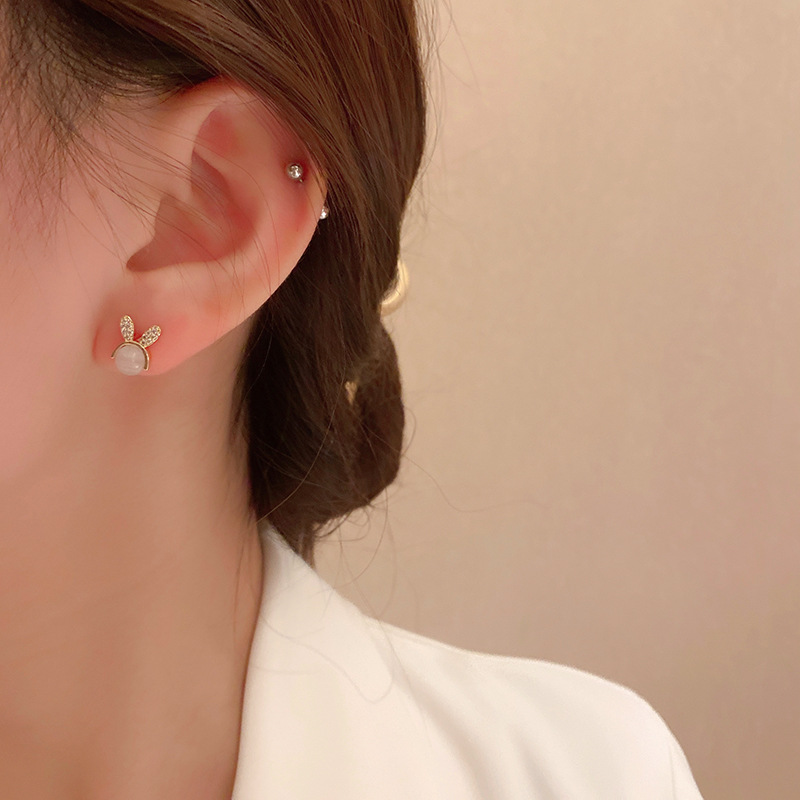s925 silver needle diamond-encruted cute little rabbit earrings, women's high-end, simple cat's eye stone exquisite light luxury stud earrings details Picture