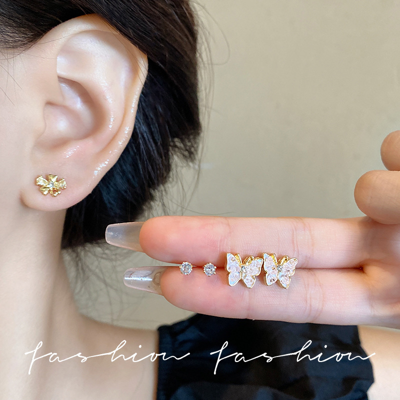 Six-piece set of micro-inlaid butterfly flower stud earrings for women, small, exquisite and simple earrings, stylish and versatile accessories Application Scenario