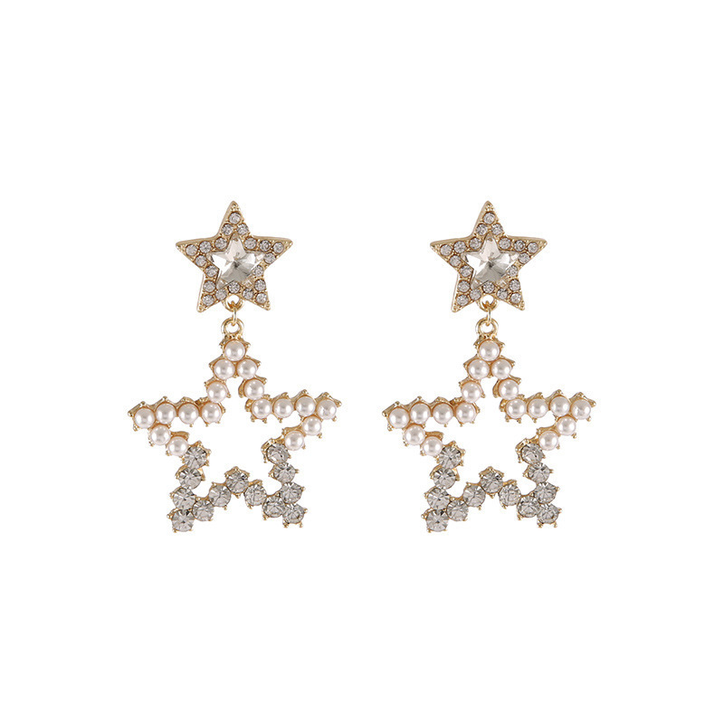 Star water diamond earrings, women's pearl silver needle earrings, five-pointed star hollowed-out geometric pearl diamond spring stud earrings Item Picture