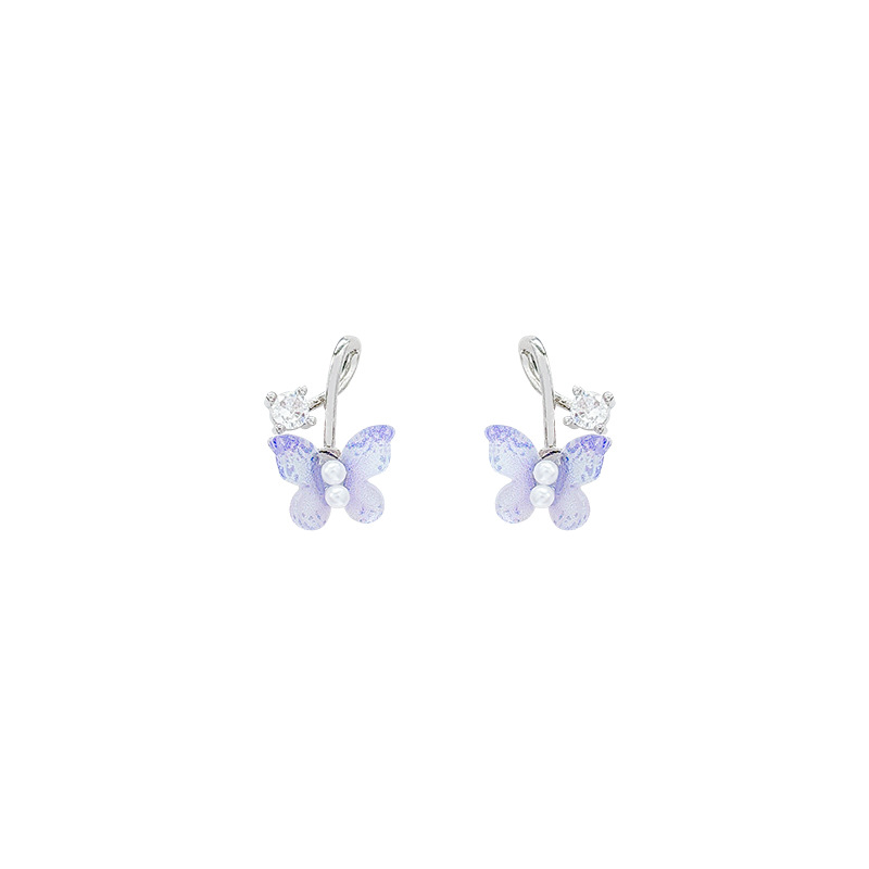Gradient blue butterfly pearl stud earrings, light luxury and high-end zircon earrings, fashionable and unique, sweet cross-shaped earrings Item Picture