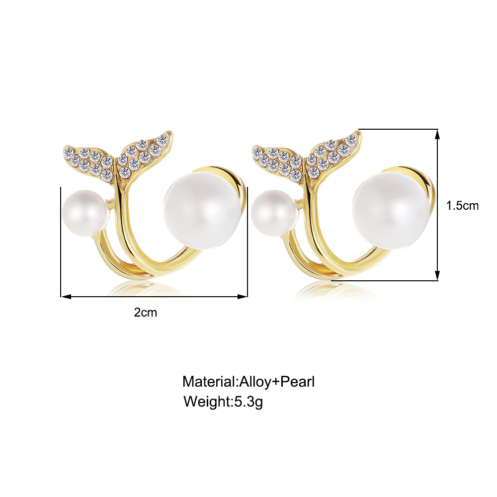 Wholesale of popular micro-inset fish-tail imitation pearl stud earrings on an independent website, with a creative, unique and sweet design sense Specification drawing