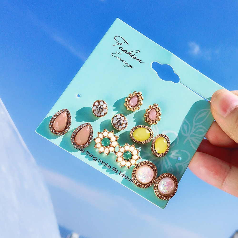 wish AliExpress multi-element water drop, water diamond, flower stud earrings, Aobao earrings multi-piece set full figure