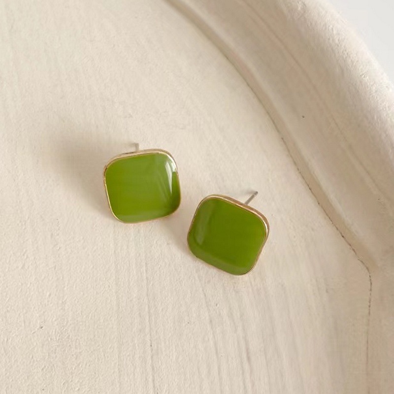 S925 Silver Needle Korean green oil-dripping geometric new trendy square summer niche design Trendy trendy stud earrings full figure
