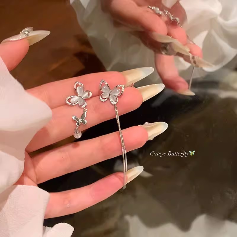 Korean-style asymmetrical tassel cat's eye stone butterfly earrings, summer high-end and light luxury style stud earrings, pearl earrings for women full figure