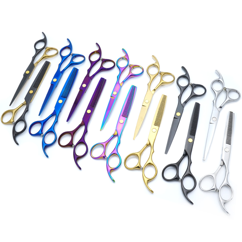 Factory wholesale of stainless steel hairdressing scissors, 6-inch sets, hair care scissors, beauty products, flat scissors, teeth scissors, mid-range scissors Specification drawing