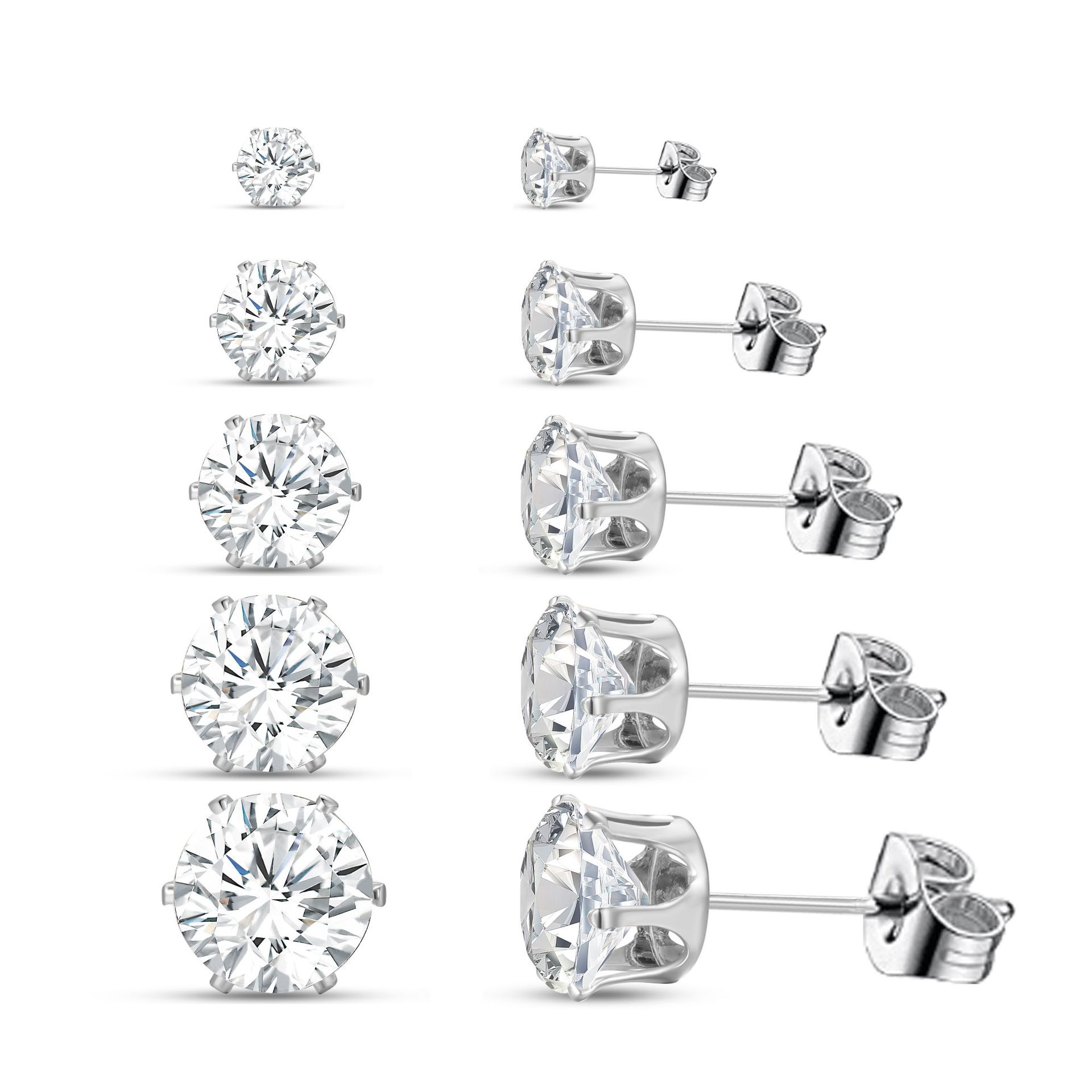 European and American cross-border style, simple and classic, 5-pair four-prong water diamond stud earrings, Amazon's best-selling stud earrings Item Picture