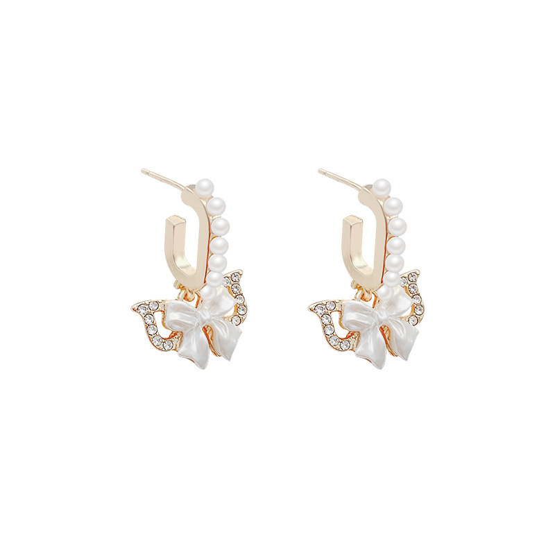 Ins-style silver needle bow earrings, women's light luxury, exquisite and high-end earrings, pearl stud earrings, elegant socialite earrings Item Picture