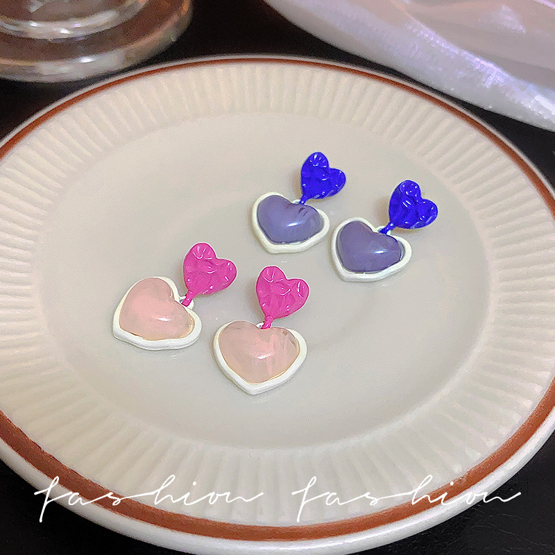 S925 Silver Needle, fresh and sweet candy-colored heart-shaped earrings, versatile and cute for women, double heart-shaped stud earrings, the same style of earrings as Internet celebrities Specification drawing