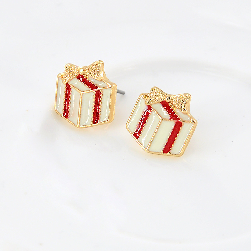 S925 Silver Needle New Year Christmas Gift Box, Bow oil-drip Stud earrings, fashionable alloy export earrings in stock full figure