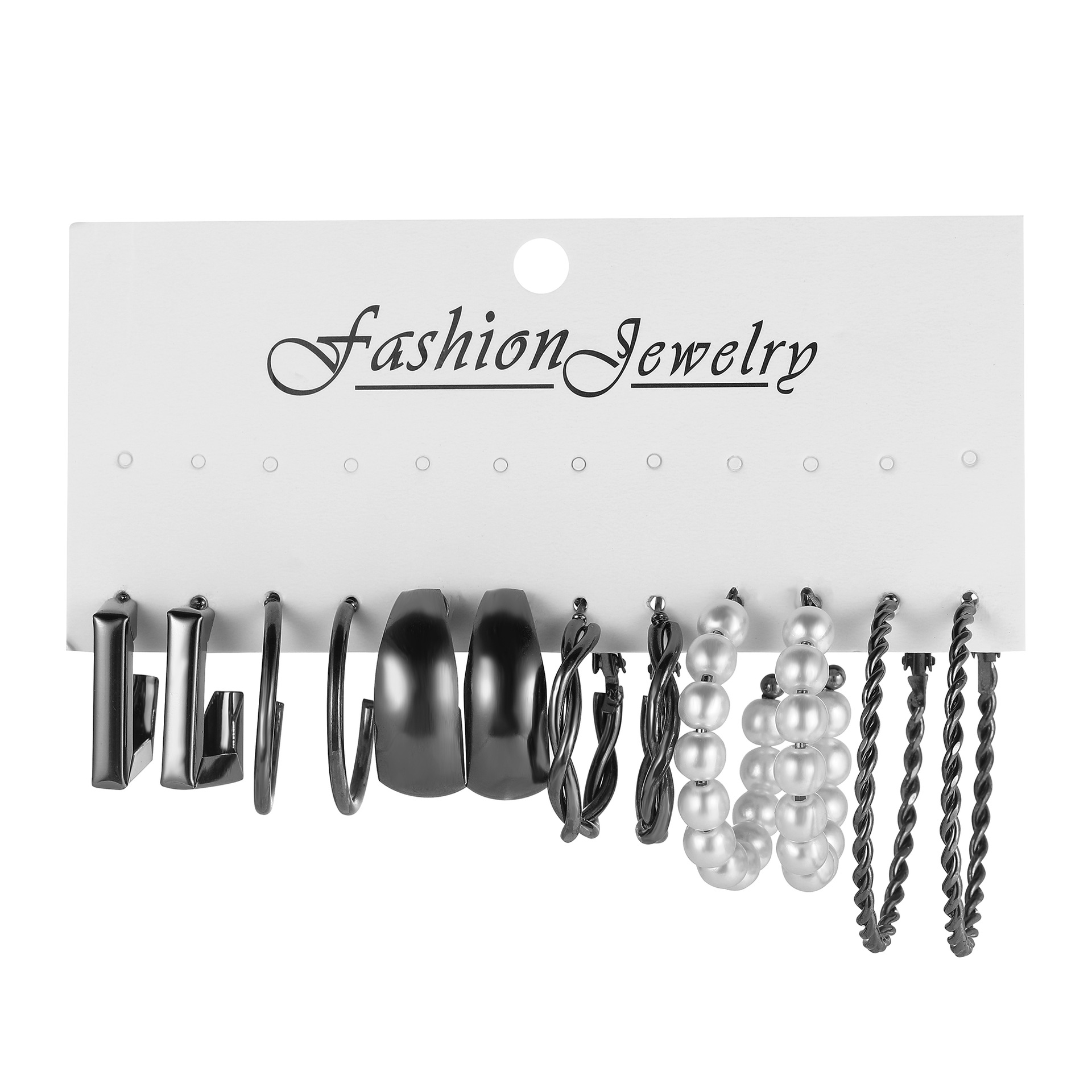 Cross-border black earrings, European and American C-shaped geometric imitation earrings set of 6 pieces, creative twisted pearl metal earrings Item Picture