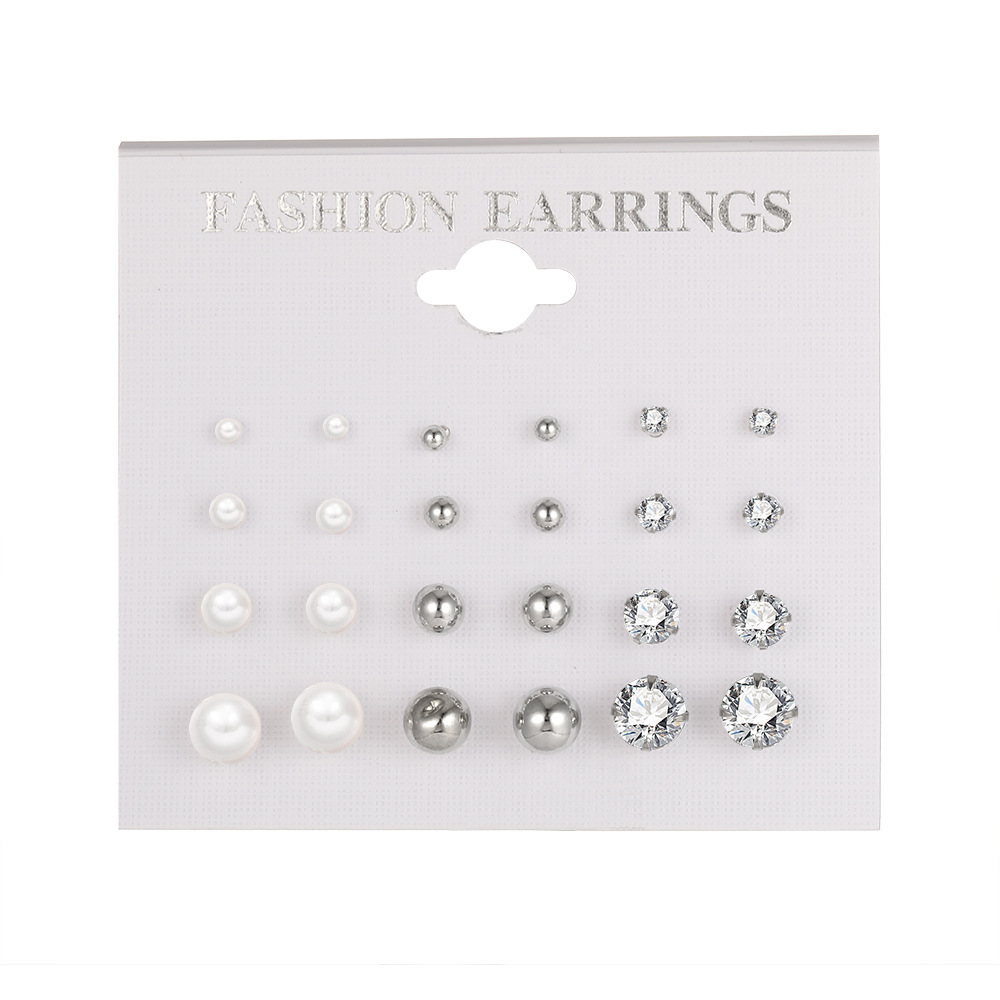 A 12-pair set of new cross-border ins personalized and simple round metal combination pearl zircon stud earrings from Europe and America Item Picture