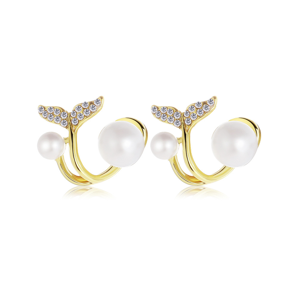 Wholesale of popular micro-inset fish-tail imitation pearl stud earrings on an independent website, with a creative, unique and sweet design sense Item Picture