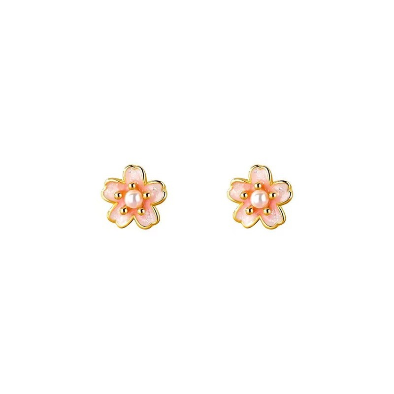 Drip glaze dyed peach blossom pearl stud earrings for women, a light luxury and high-end look, elegant and grand earrings, sweet and versatile earrings wholesale Item Picture
