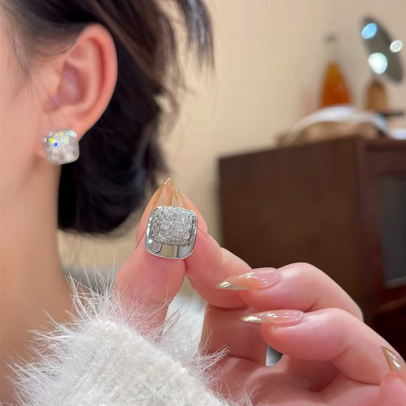 French light luxury exquisite zirconia square stud earrings, fashionable and versatile, with a high-end feel and a niche design. New earrings for women full figure