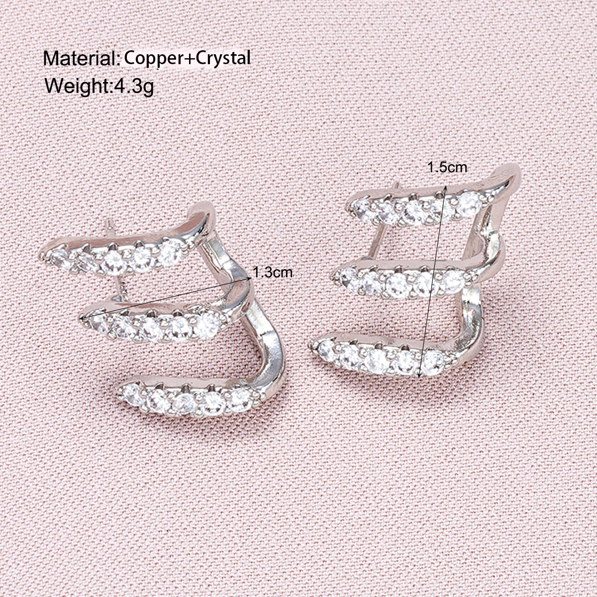 Full-service cross-border creative design sense, niche three-prong diamond-encrusted arc-shaped copper ear studs, wholesale of European and American earrings for women Specification drawing