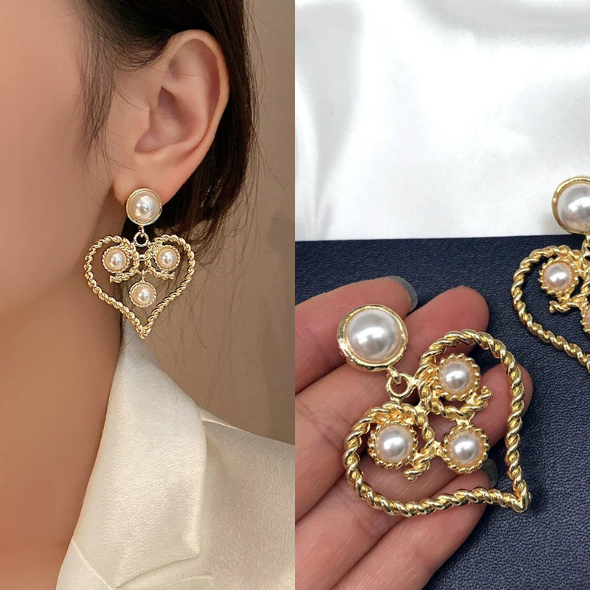 S925 Silver Needle Exaggerated hollowed-out twisted heart earrings, retro charm, Baroque pearl earrings, luxurious court style full figure