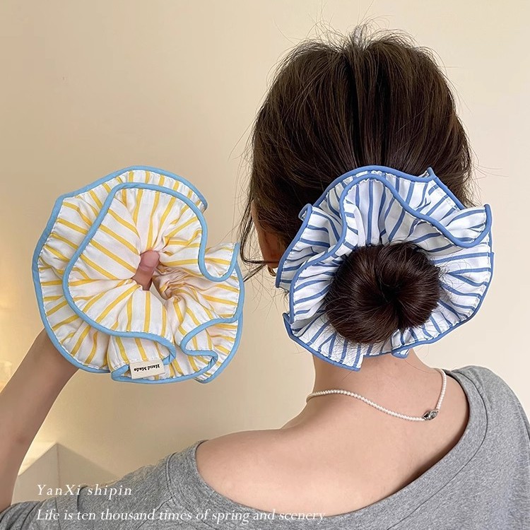 Lemon soda ~ Yellow striped large intestine hair band, high-end Korean-style bun hair tie, large hair tie hair accessory full figure