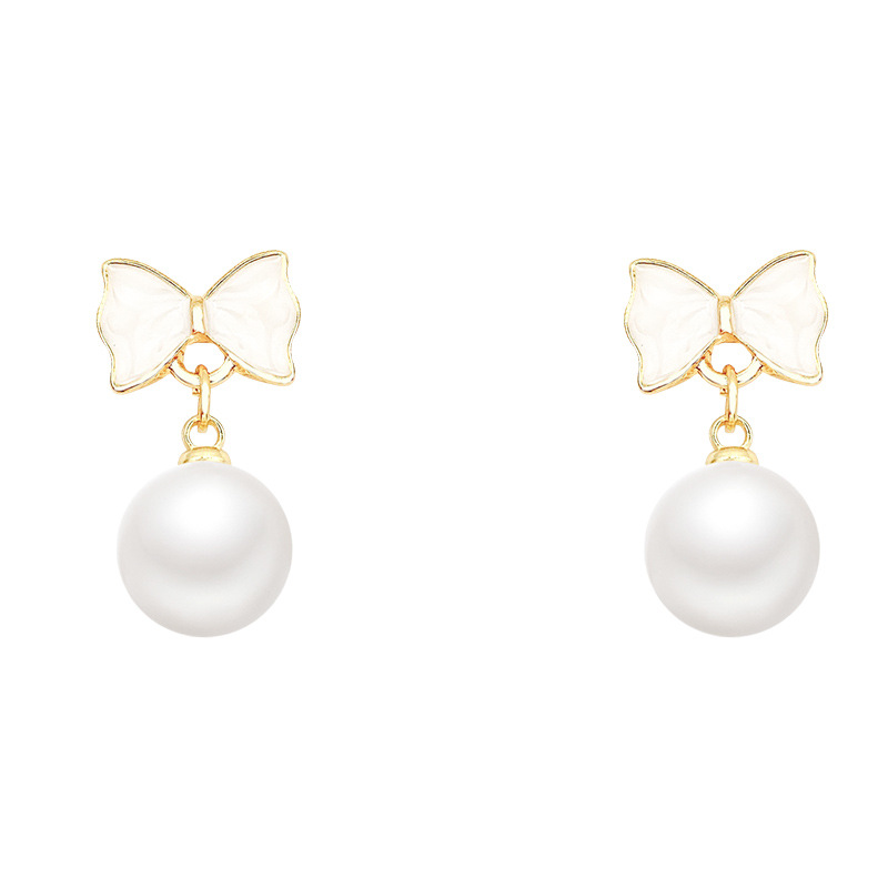 Sweet and elegant bow pearl stud earrings 925 silver needle, versatile and niche design, elegant and high-end earring accessories Item Picture