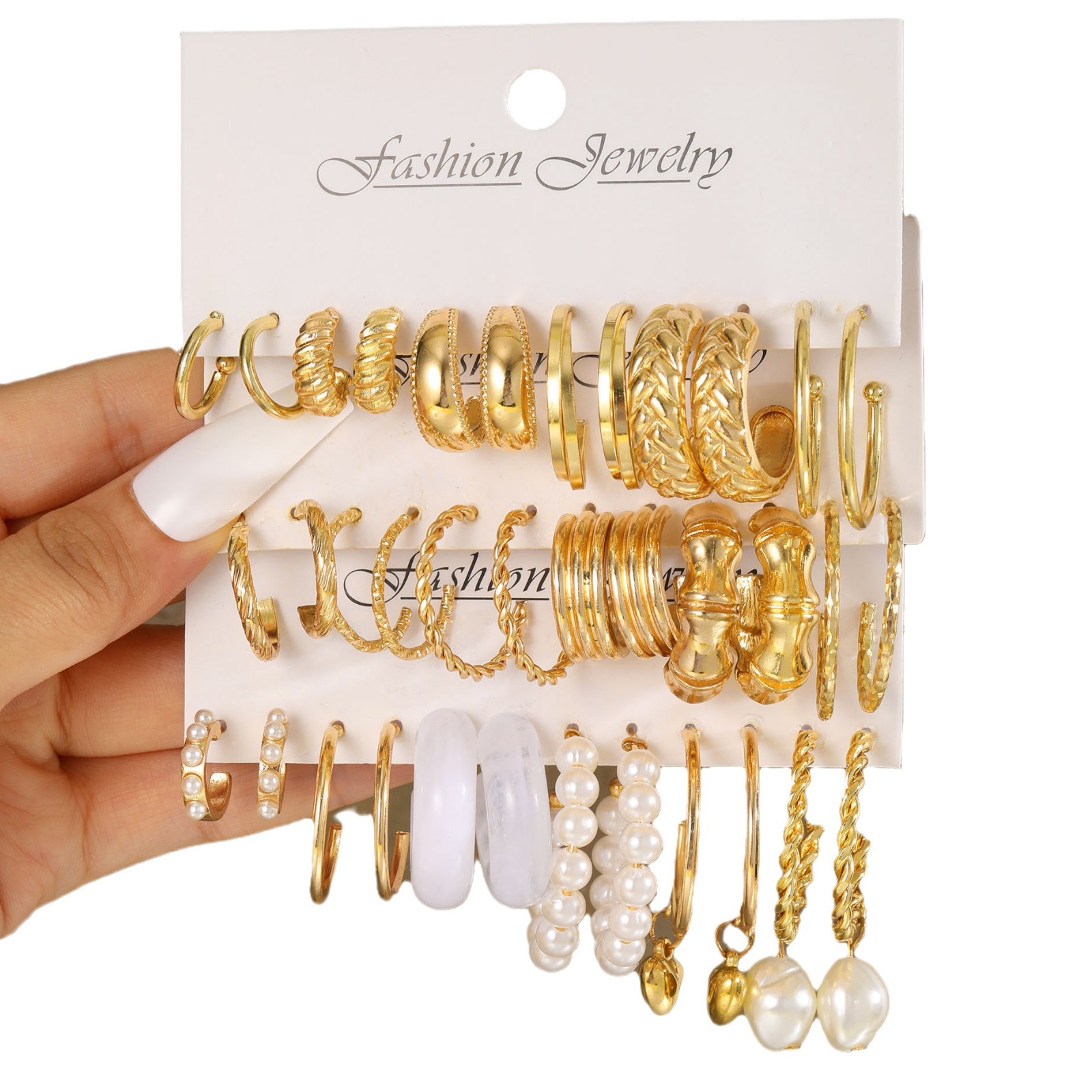 A new 18-piece set of personalized metal twisted chain spiral ear rings imitating pearl earrings from Europe and America Item Picture