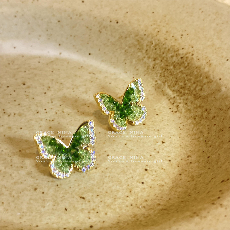 925 Silver Needle Forest-themed green Crystal butterfly Stud Earrings, a niche design with a high-end feel, light luxury and exquisite earrings for women details Picture