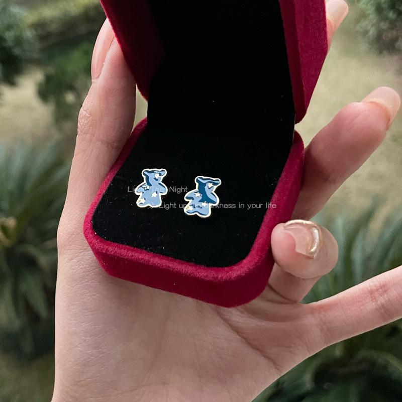 S925 Silver Needle Japanese-style self-designed bear stud earrings, elegant blue earrings, small and cute star stud earrings wholesale Application Scenario