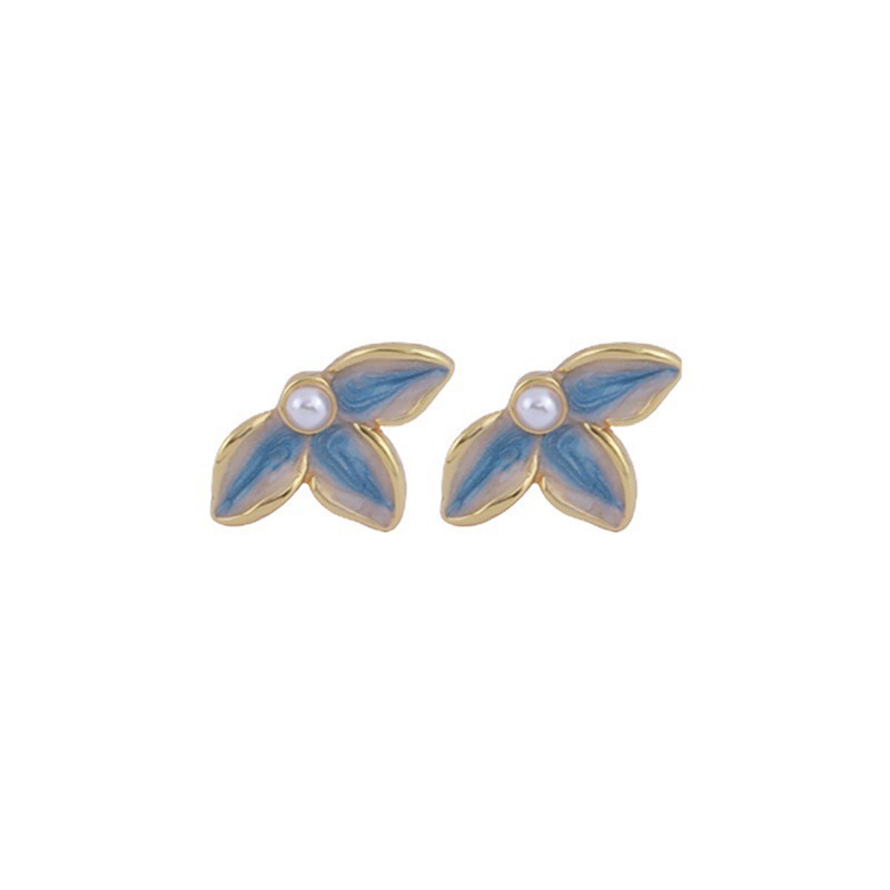 S925 Silver Needle Glazed Blue and gold flower Stud earrings, a fresh and niche design pearl earring accessory for women Item Picture