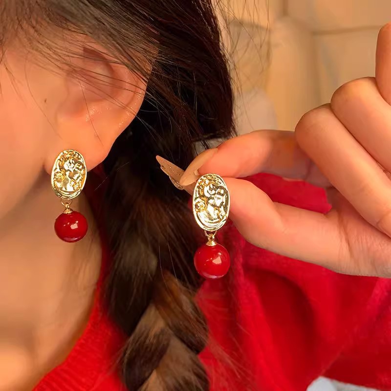 925 Silver Needle Ankela Red Festive Stud Earrings, Women's geometric small and elegant earrings, autumn and winter versatile earrings wholesale Specification drawing