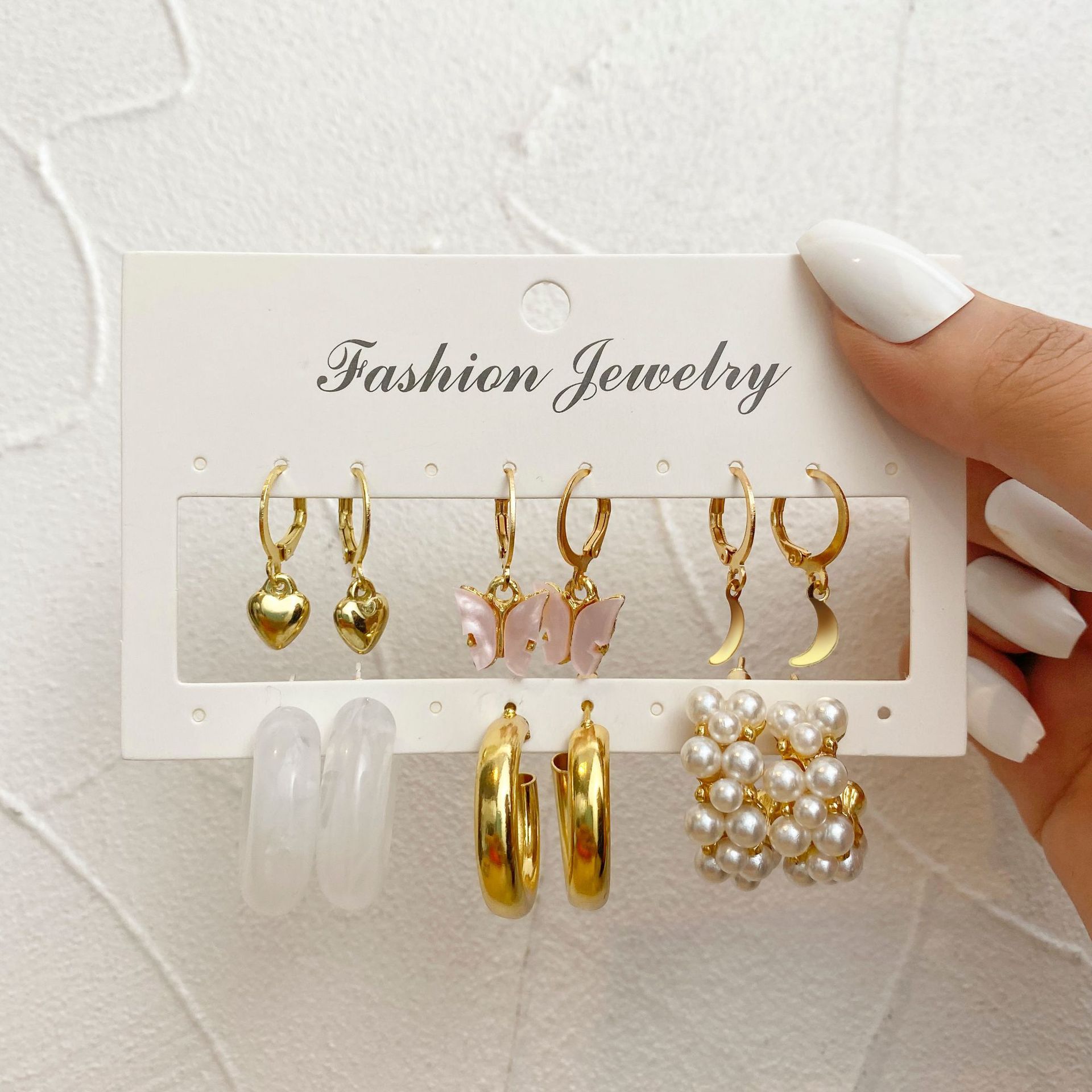 Cross-border circle ear ring creative imitation pearl ring earrings set of 5 pieces acrylic butterfly pendant earrings full figure