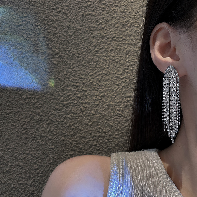 S925 Silver needle European and American fashion exaggerated Full diamond long tassel earrings, Korean style light luxury versatile earrings wholesale details Picture