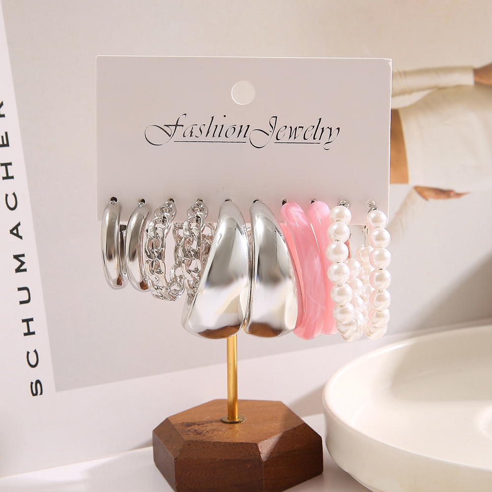 A new cross-border minimalist insC chain imitation pearl resin earrings 5-piece set of European and American fashionable earrings Specification drawing