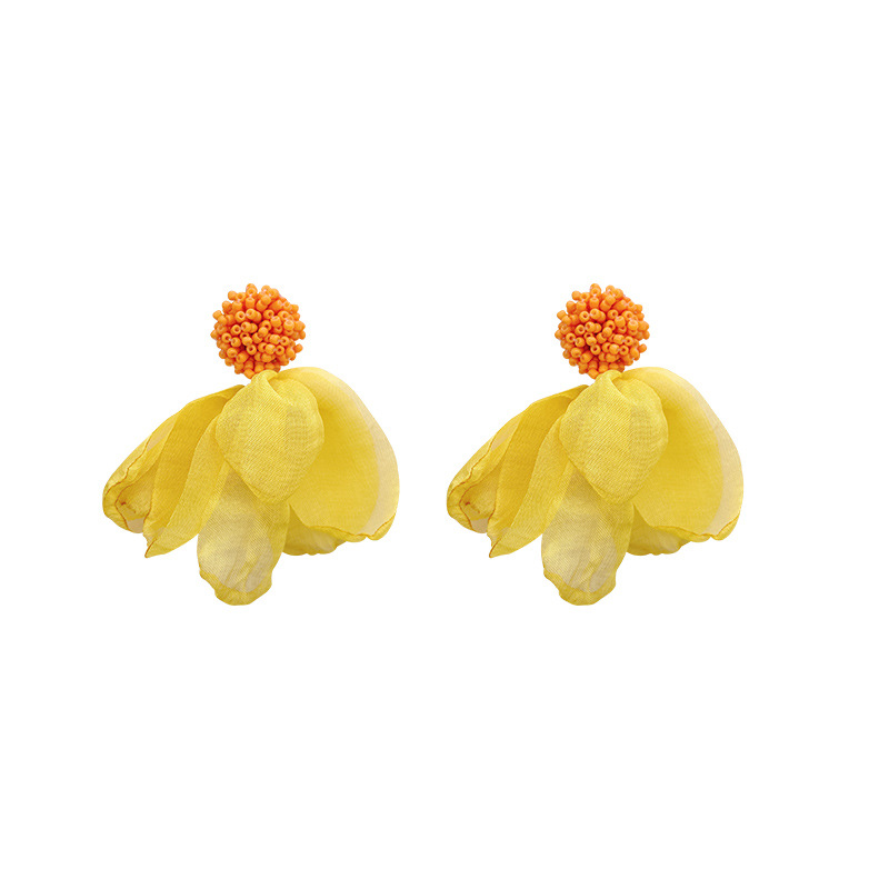 French retro Hong Kong style, super ethereal charm, exaggerated vacation style, fringed chiffon, flower yellow earrings, Korean-style earrings Item Picture