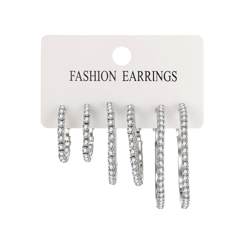 European and American fashionable shiny earrings, high-end, creative and simple with rhinestones, exaggerated large, medium and small ring ear rings 3 pairs Item Picture