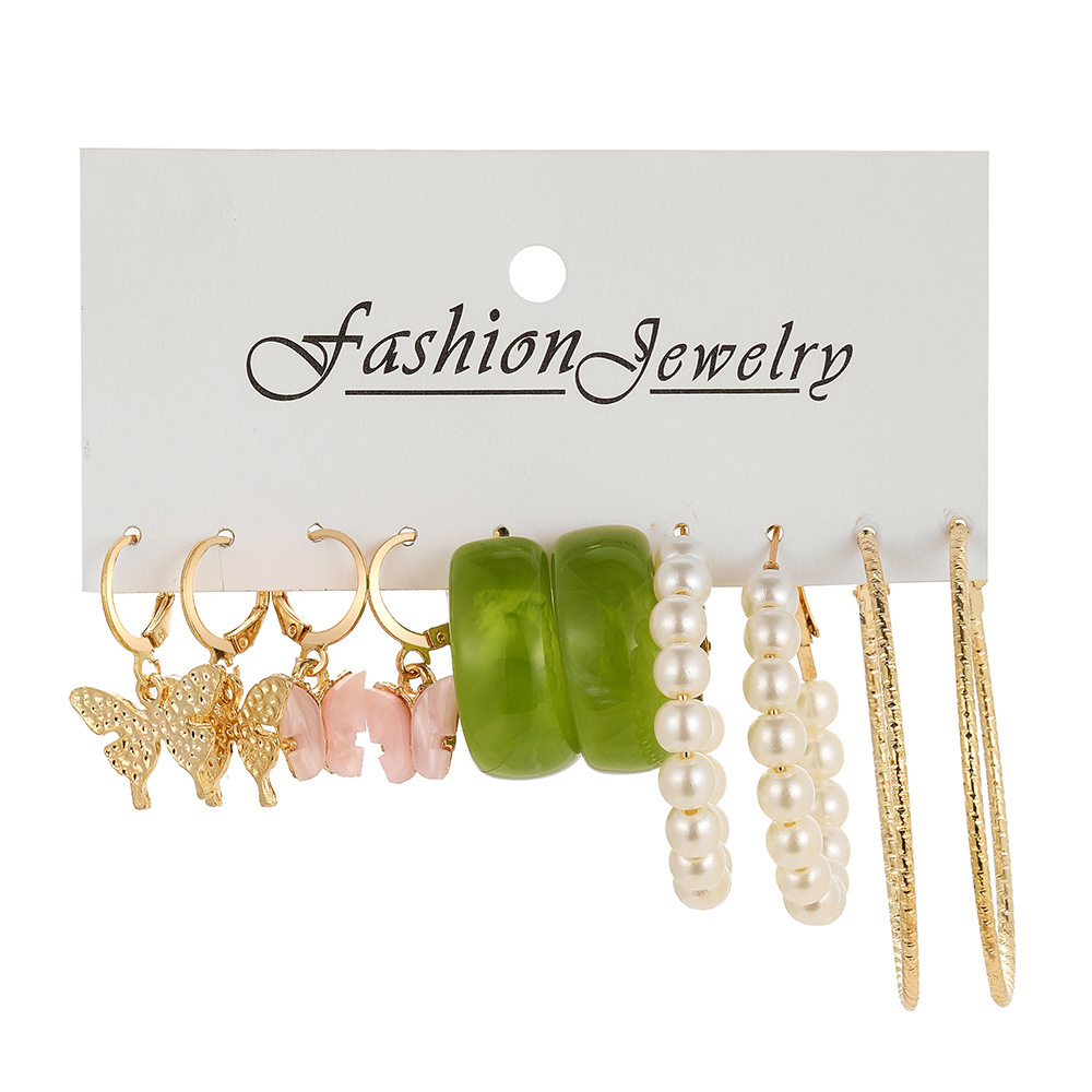 Cross-border circle ear ring creative imitation pearl ring earrings set of 5 pieces acrylic butterfly pendant earrings Item Picture