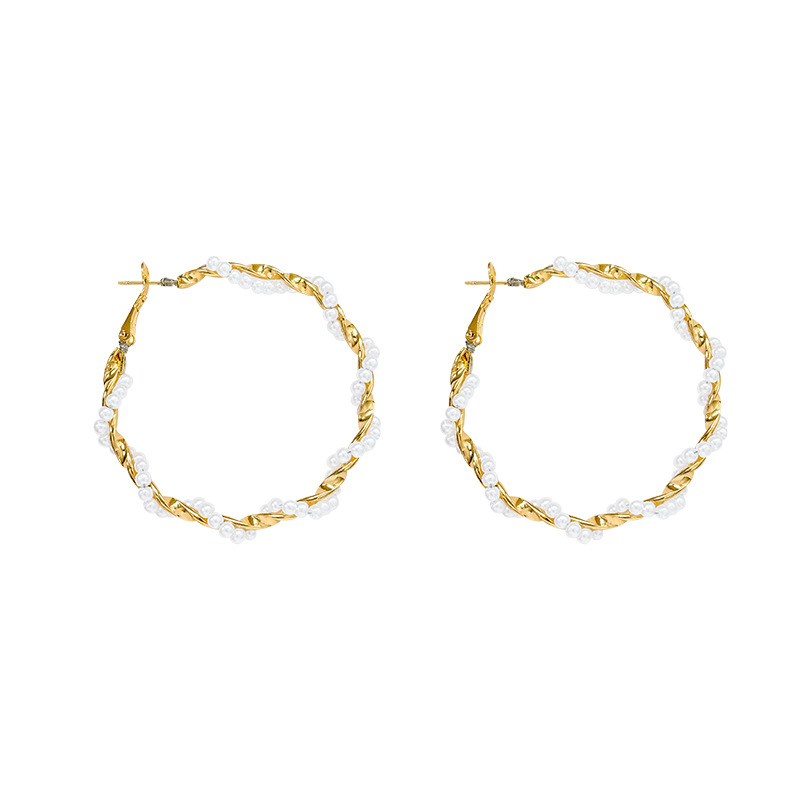 European and American wrapped pearl metal ring earrings, ins, Korean Dongdaemun round face slimming exaggerated geometric earrings Item Picture