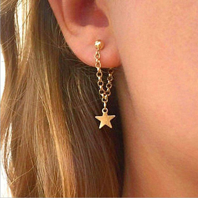 Korean version of niche, fashionable and simple lady's personality and temperament, golden tassel earrings, star chain ear studs hanging at the back full figure
